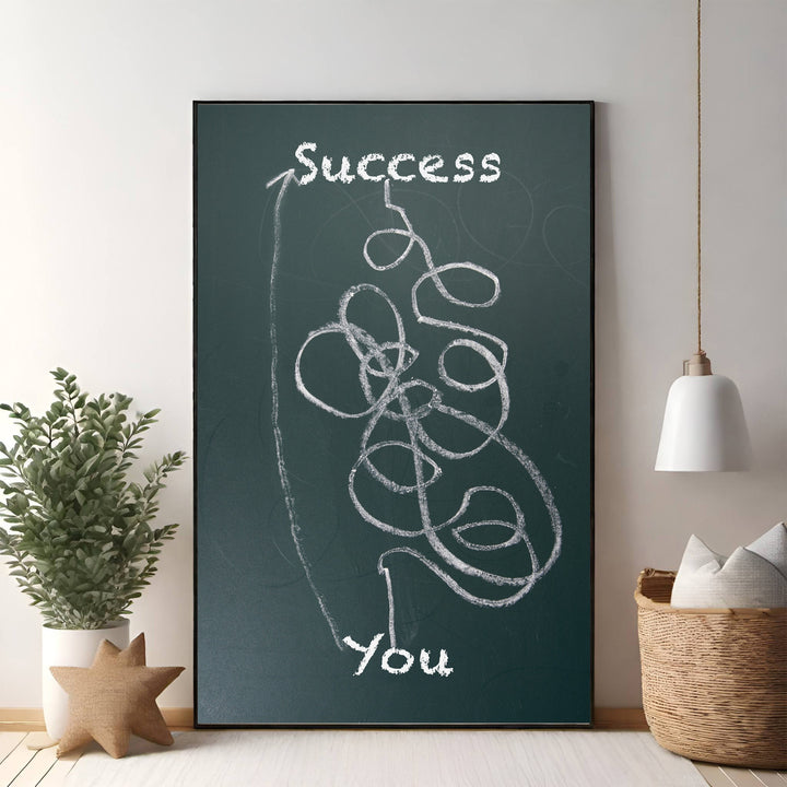 Wadi Home abstract art print with chalk-style lines depicting the winding path from 'You' to 'Success' on a dark background.