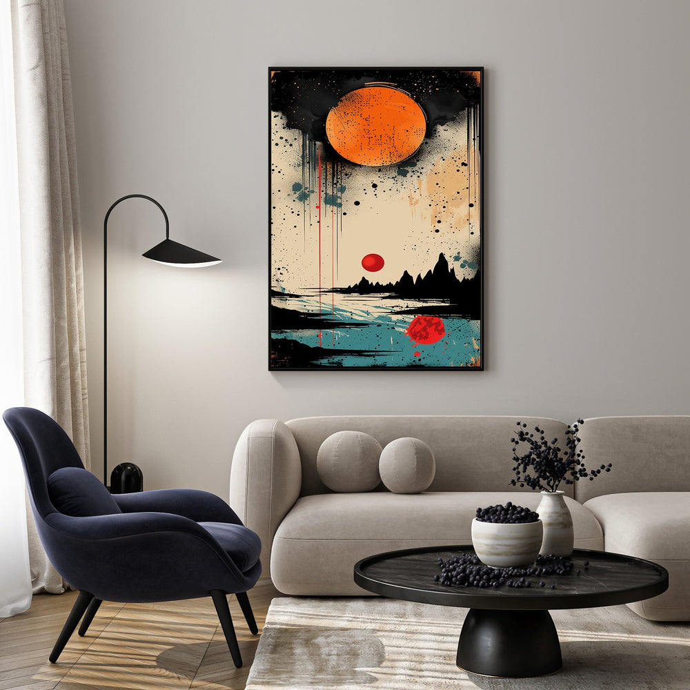 Wadi Home abstract canvas print featuring a vibrant orange sun over silhouetted mountains and blue water with red accents.