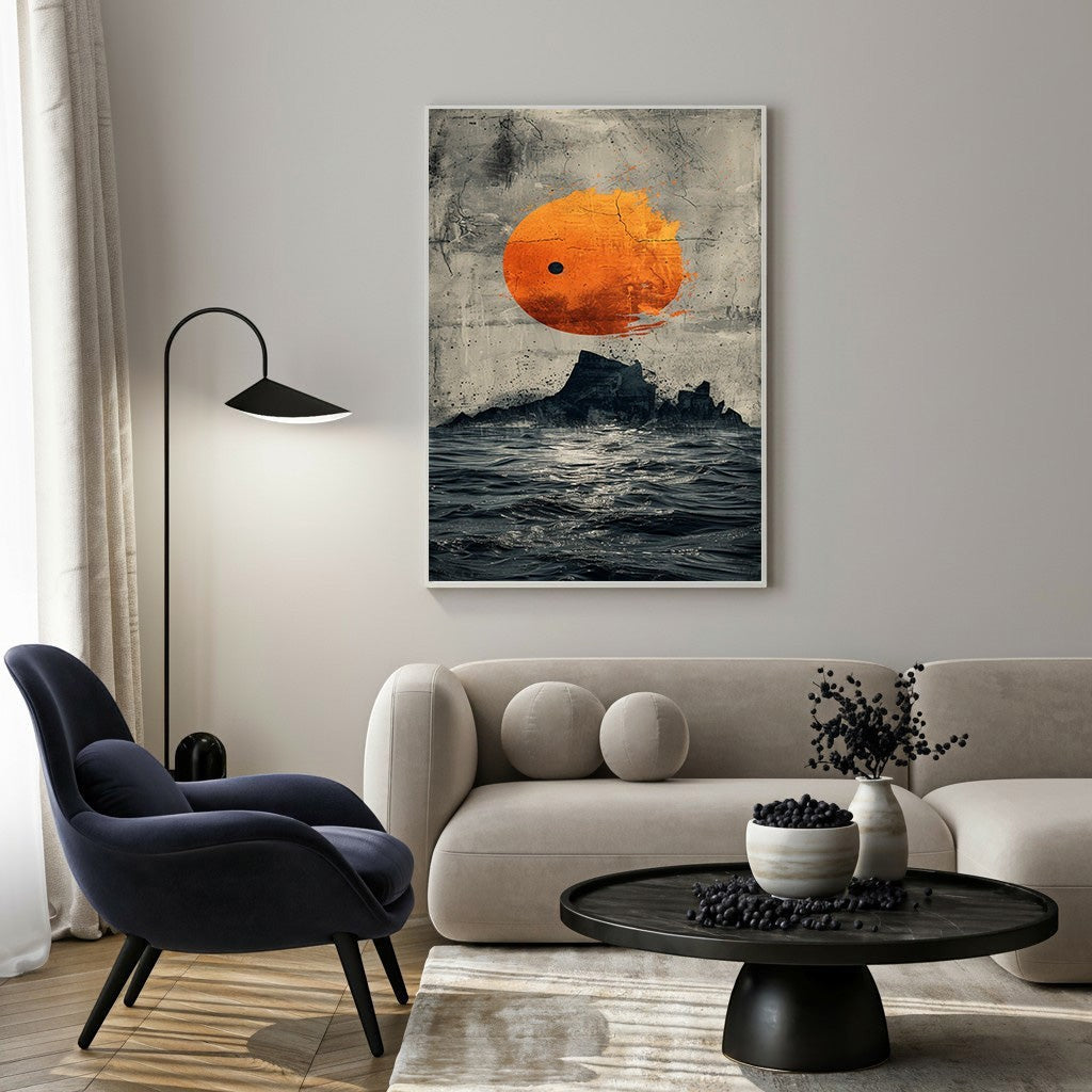 Wadi Home abstract artwork of a textured orange sun over dark, choppy ocean waves and rocky outcrops.