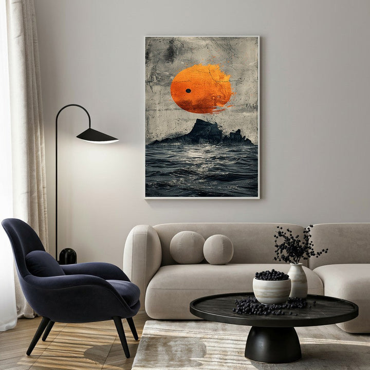 Wadi Home abstract artwork of a textured orange sun over dark, choppy ocean waves and rocky outcrops.