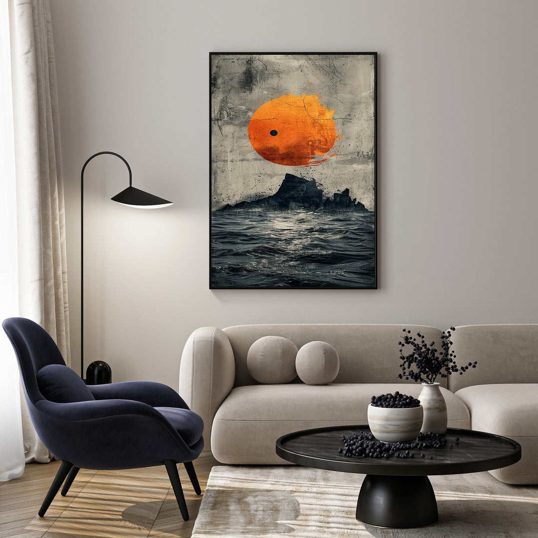 Wadi Home abstract artwork of a textured orange sun over a dark, choppy ocean with rocky outcrops. Modern coastal wall art.