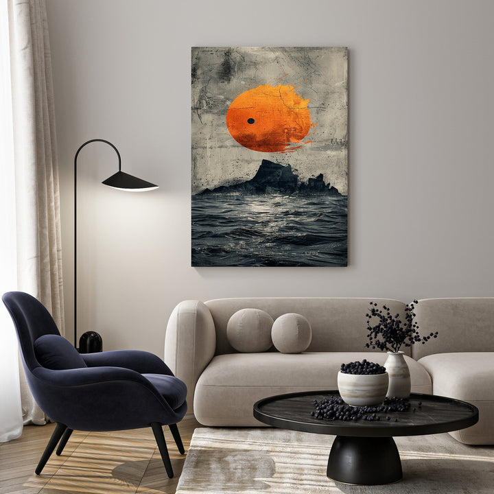 Wadi Home abstract artwork of a textured orange sun over a dark, choppy ocean with rocky outcrops. Modern wall art.