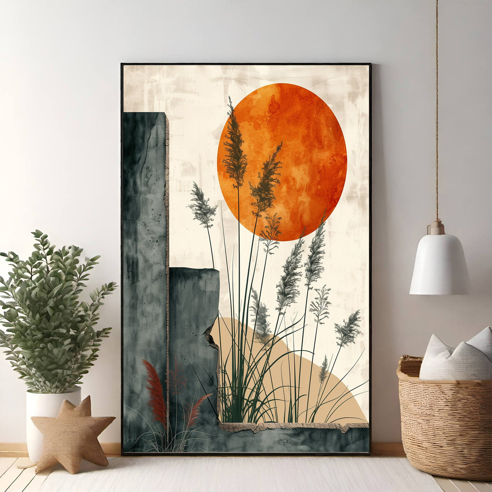 Wadi Home Abstract Sun and Reeds Wall Art featuring a large orange sun, tall reeds, and abstract architectural elements in muted tones.