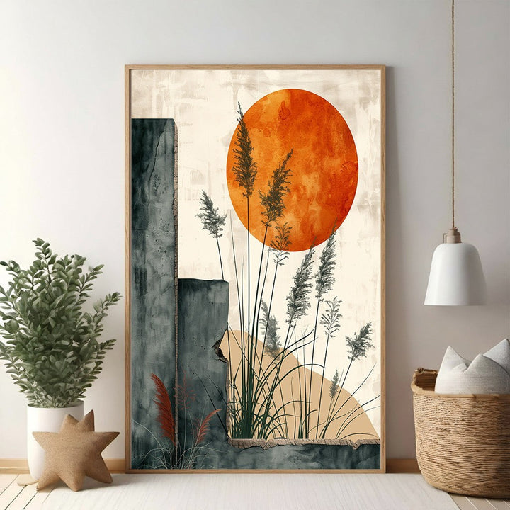 Wadi Home Abstract Sun and Reeds Wall Art with orange sun, reeds, and grey architectural elements.