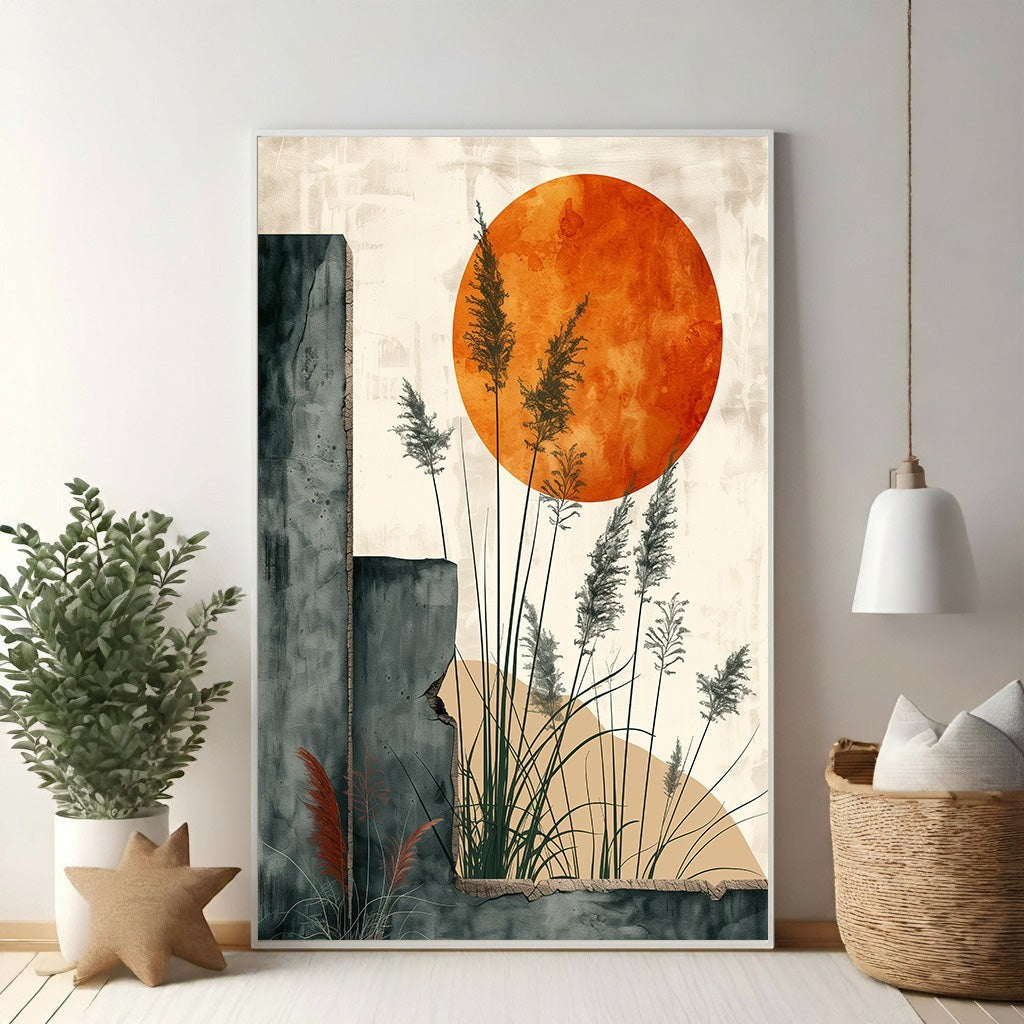 Wadi Home Abstract Sun and Reeds Wall Art with orange sun, reeds, and grey architectural elements.