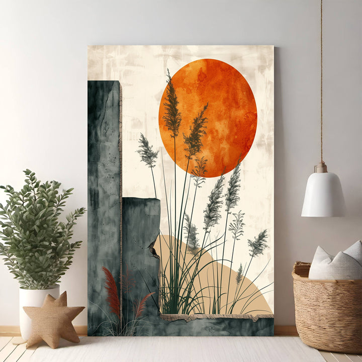 Wadi Home Abstract Sun and Reeds Wall Art with orange sun, grey architectural elements, and tall reeds.