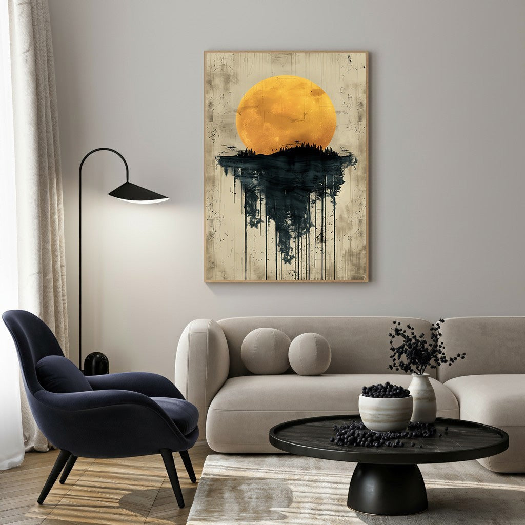 Wadi Home abstract sun and reflection wall art with textured background and dripping effect.