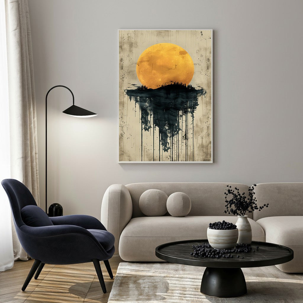 Wadi Home abstract sun and reflection wall art with yellow sun over dark landscape and dripping effect.