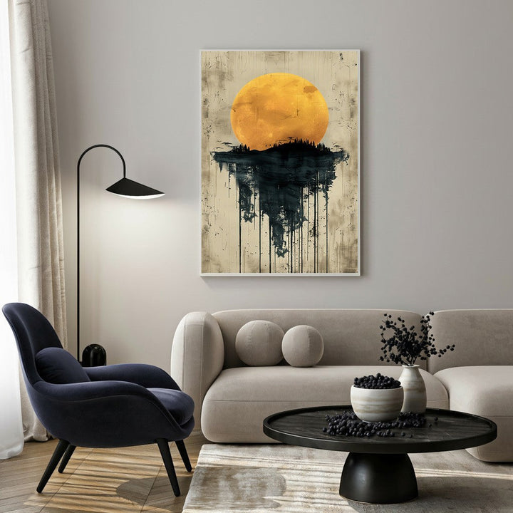 Wadi Home abstract sun and reflection wall art with yellow sun over dark landscape and dripping effect.