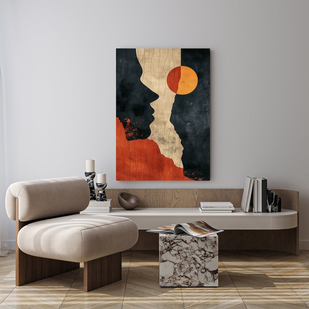 Wadi Home abstract profile sun wall art with terracotta, charcoal, and orange sun motif. Modern minimalist design.