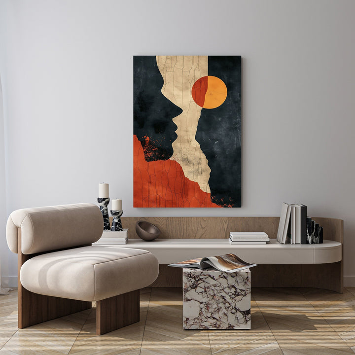 Wadi Home abstract profile sun wall art with terracotta, charcoal, and orange sun motif. Modern minimalist design.