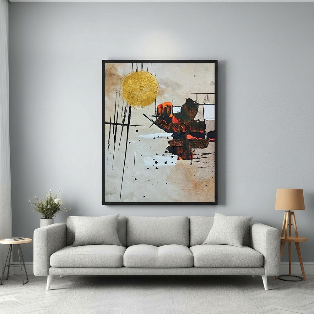 Wadi Home Abstract Expressionist Sunburst Wall Art with gold sun, orange and black paint strokes on textured background.