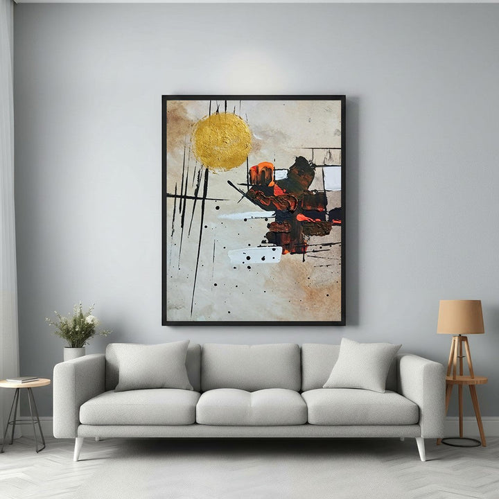 Wadi Home Abstract Expressionist Sunburst Wall Art with gold sun, orange and black paint strokes on textured background.