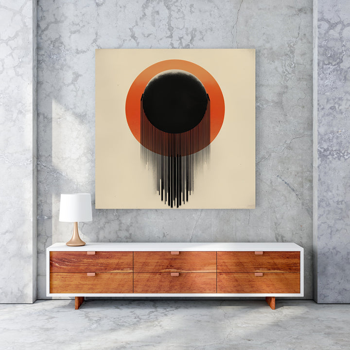 Wadi Home Abstract Sunburst Wall Art with black orb, orange gradient, and dripping lines on cream background.