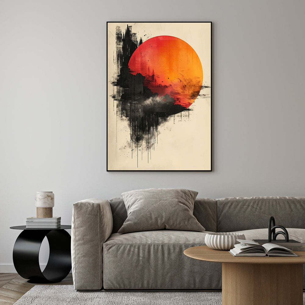 Wadi Home abstract sunburst wall art with fiery orange sun and black abstract background.