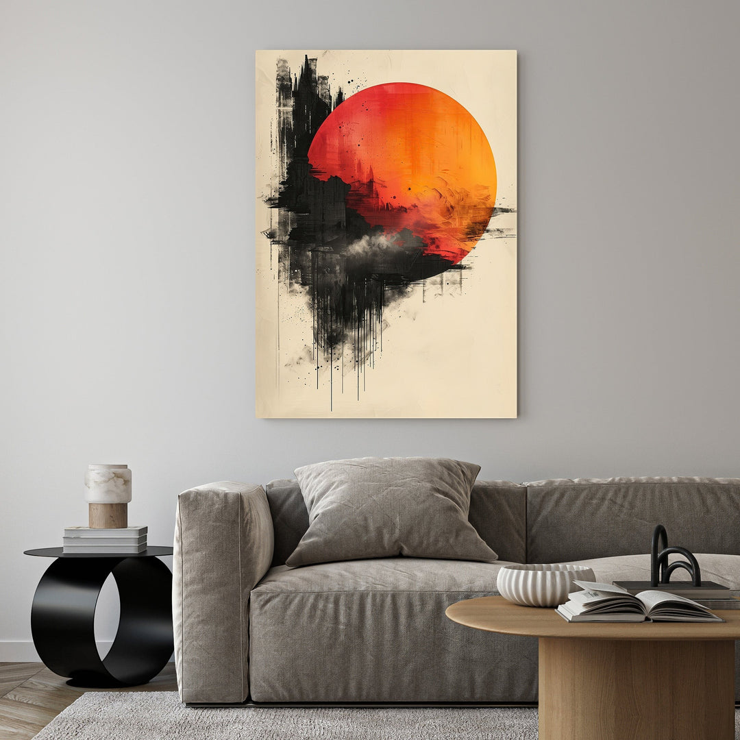 Wadi Home abstract sunburst wall art with fiery orange sun and black abstract background. Modern canvas art.
