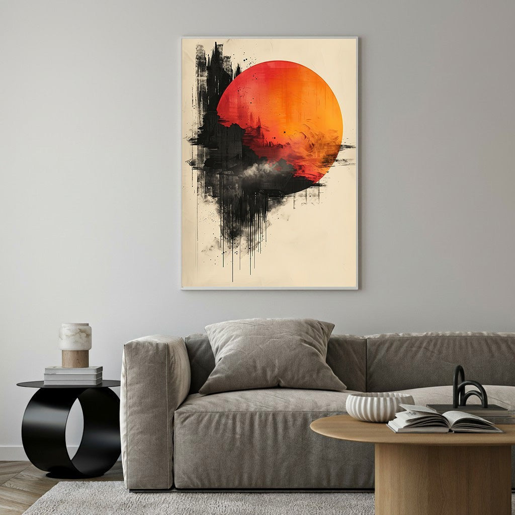 Wadi Home Abstract Sunburst Wall Art featuring a vibrant orange-red sunburst against a black abstract background on a cream canvas.