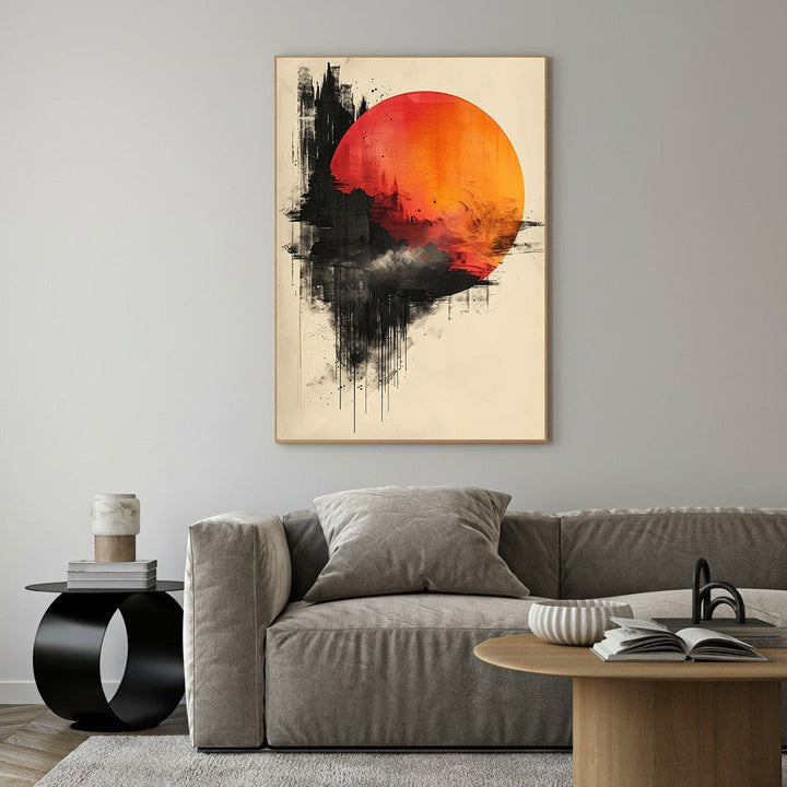 Wadi Home abstract sunburst wall art with fiery orange sun and black abstract background, modern canvas art.