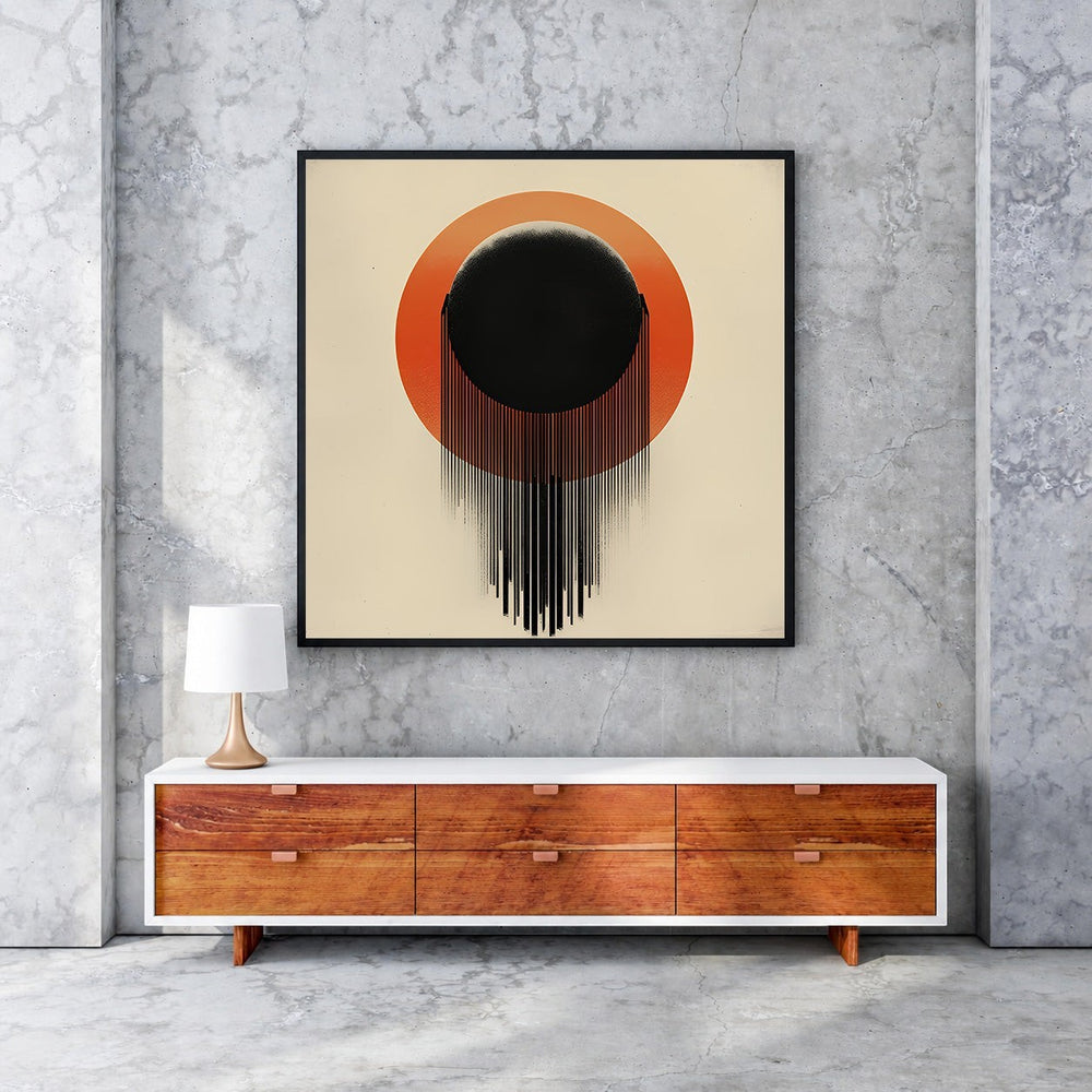 Wadi Home Abstract Sunburst Wall Art with black orb, orange sunburst, and dripping effect on cream background.