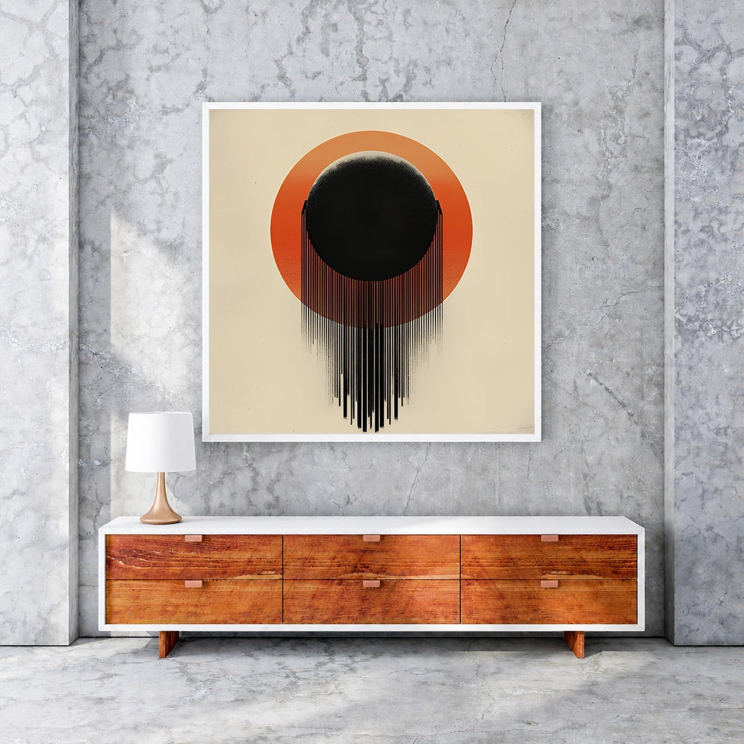 Wadi Home Abstract Sunburst Wall Art with black orb and orange sunburst design, dripping effect.