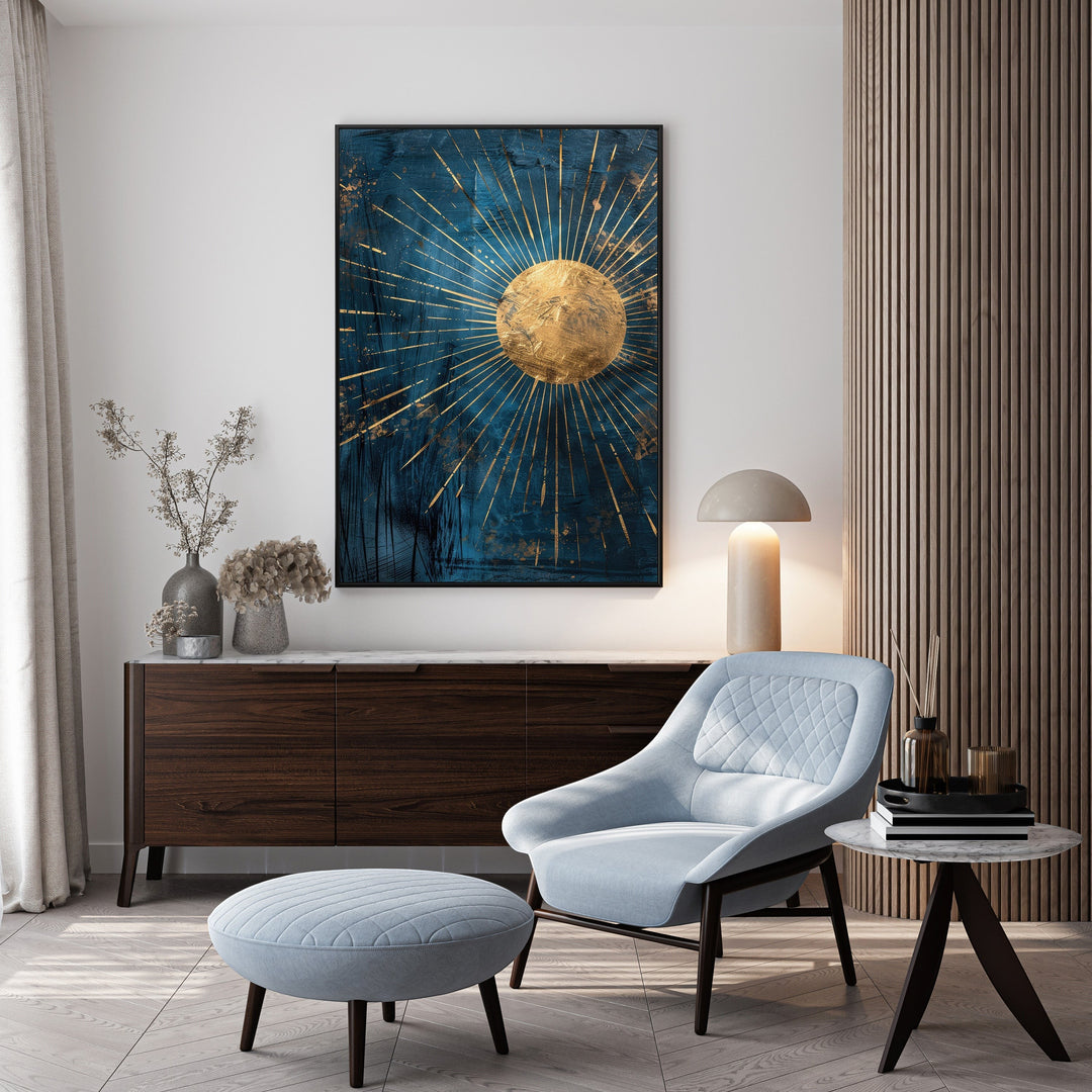 Wadi Home Abstract Sunburst Wall Art with golden sunburst on textured teal background.