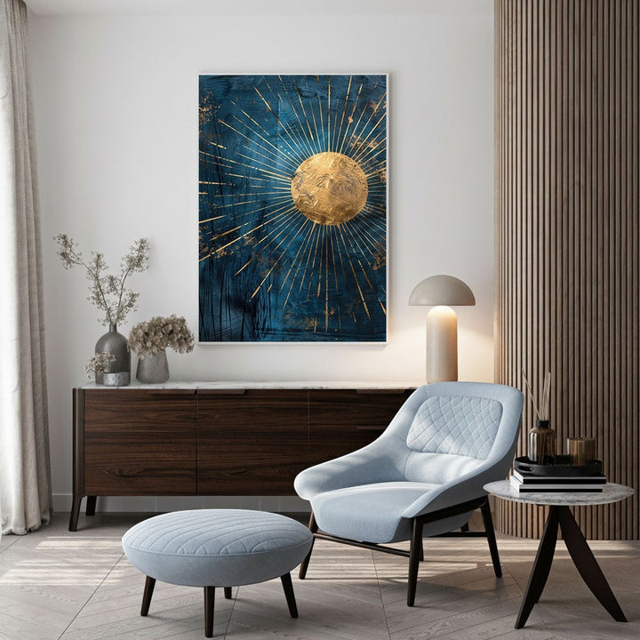 Wadi Home Abstract Sunburst Wall Art: Golden sunburst on textured teal background, celestial elegance for modern interiors.