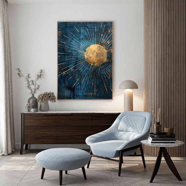 Wadi Home Abstract Sunburst Wall Art, golden sunburst on textured teal background, celestial elegance for modern interiors.
