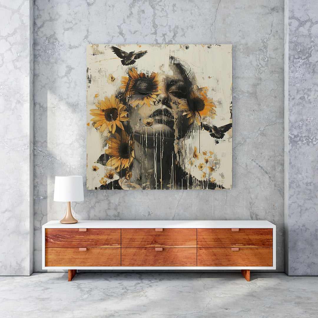 Wadi Home abstract wall art: monochromatic portrait with yellow sunflowers and black birds, modern artistic statement.