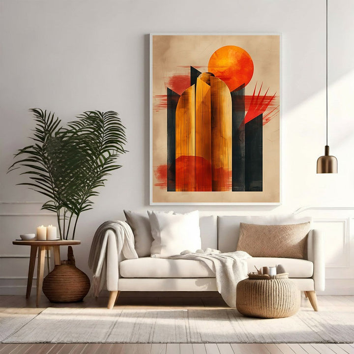 Wadi Home abstract sunset archway wall art with orange sun, black and orange archways, and textured painterly style.