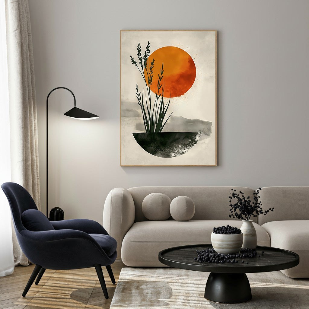 Wadi Home abstract sunset botanical wall art with orange sun and green plants in a modern living room.