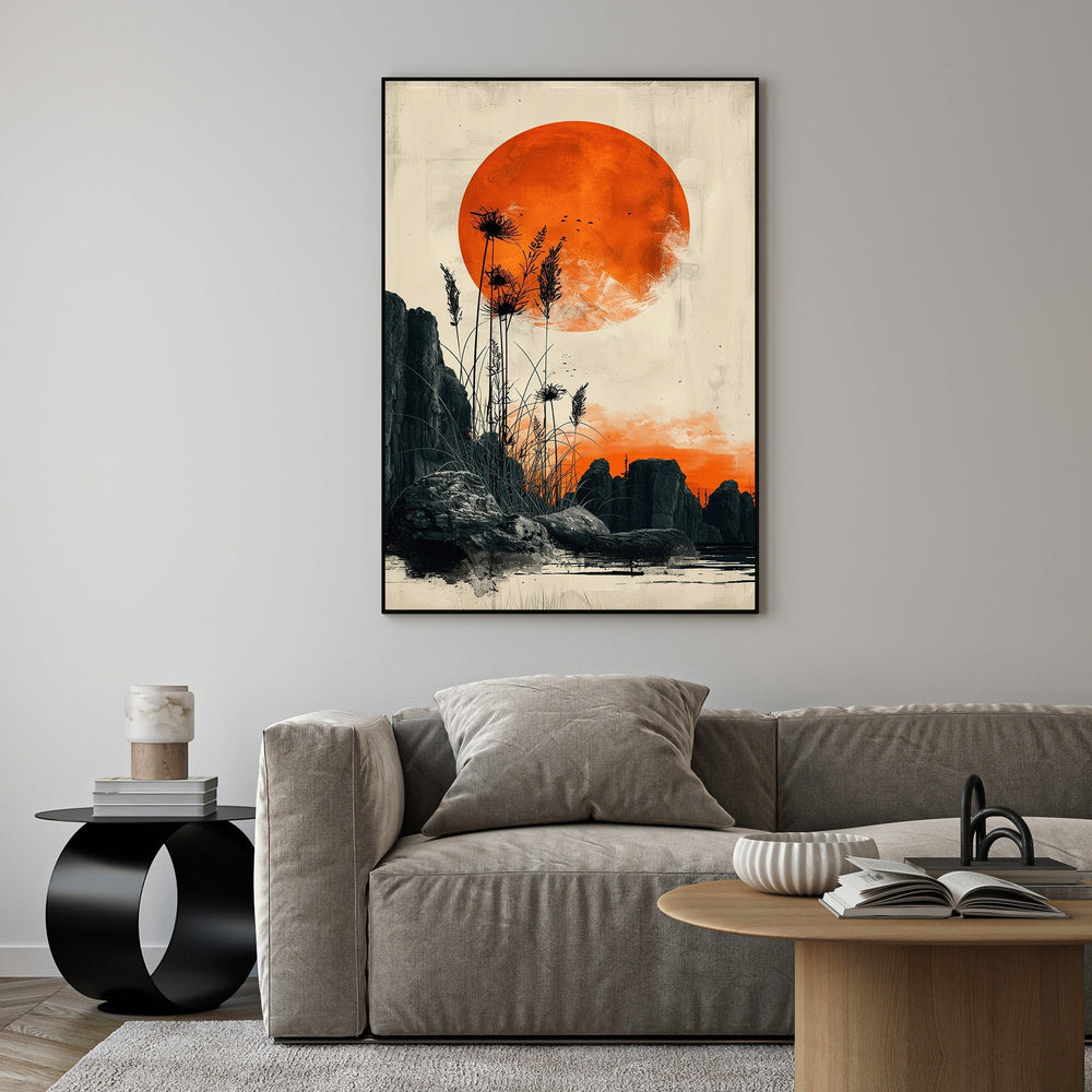 Wadi Home abstract sunset landscape wall art with oversized orange sun, rocky terrain, and silhouetted reeds.