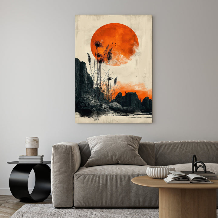 Wadi Home abstract sunset landscape wall art with large orange sun, silhouetted reeds, and rocky terrain.
