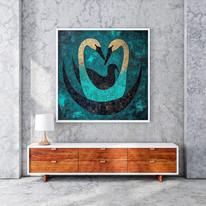Wadi Home Abstract Swan Embrace Wall Art featuring teal, black, and gold swans forming a heart shape. Textured finish.