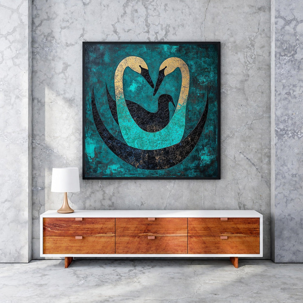 Wadi Home abstract wall art featuring two gold swans forming a heart shape on a teal and black textured background.