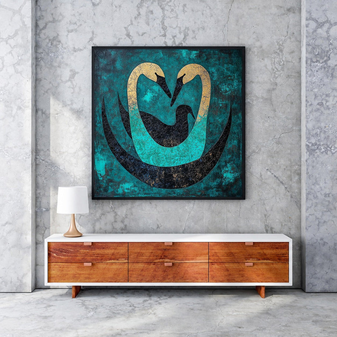 Wadi Home abstract wall art featuring two gold swans forming a heart shape on a teal and black textured background.