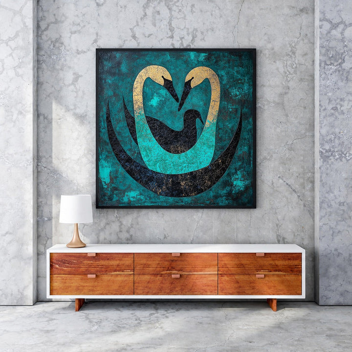 Wadi Home abstract wall art featuring two gold swans forming a heart shape on a teal and black textured background.