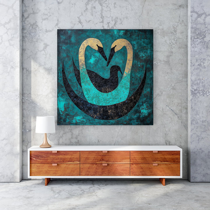 Wadi Home Abstract Swan Embrace wall art featuring two swans in teal, black, and gold forming a heart shape on a textured background.