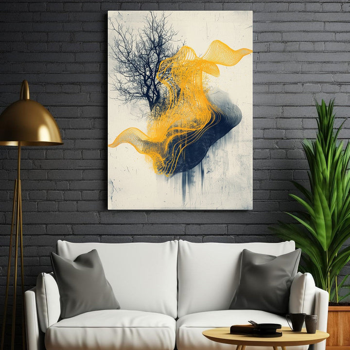 Wadi Home abstract swirl tree wall art with navy and yellow hues, modern artistic design.