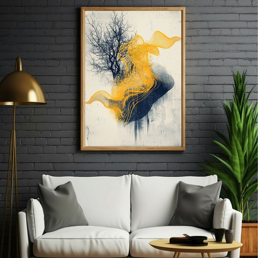 Wadi Home abstract swirl tree wall art with navy and yellow hues, modern artistic design.