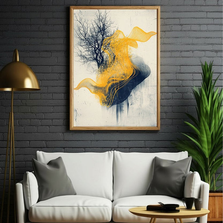 Wadi Home abstract swirl tree wall art with navy and yellow hues, modern artistic design.