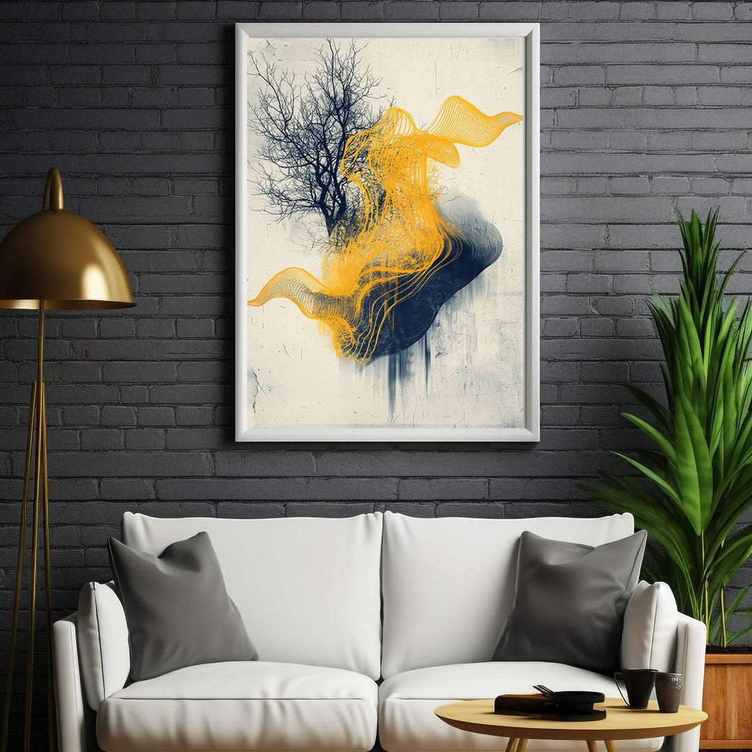 Wadi Home abstract swirl tree wall art in navy and yellow, modern artistic design.