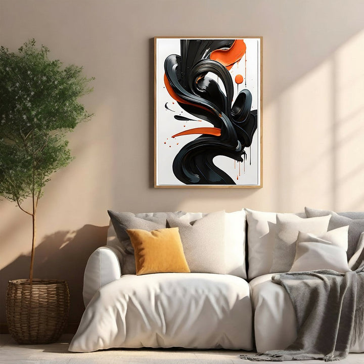 Wadi Home Abstract Swirl Wall Art with glossy black and vibrant orange hues, framed. Modern art for living rooms.