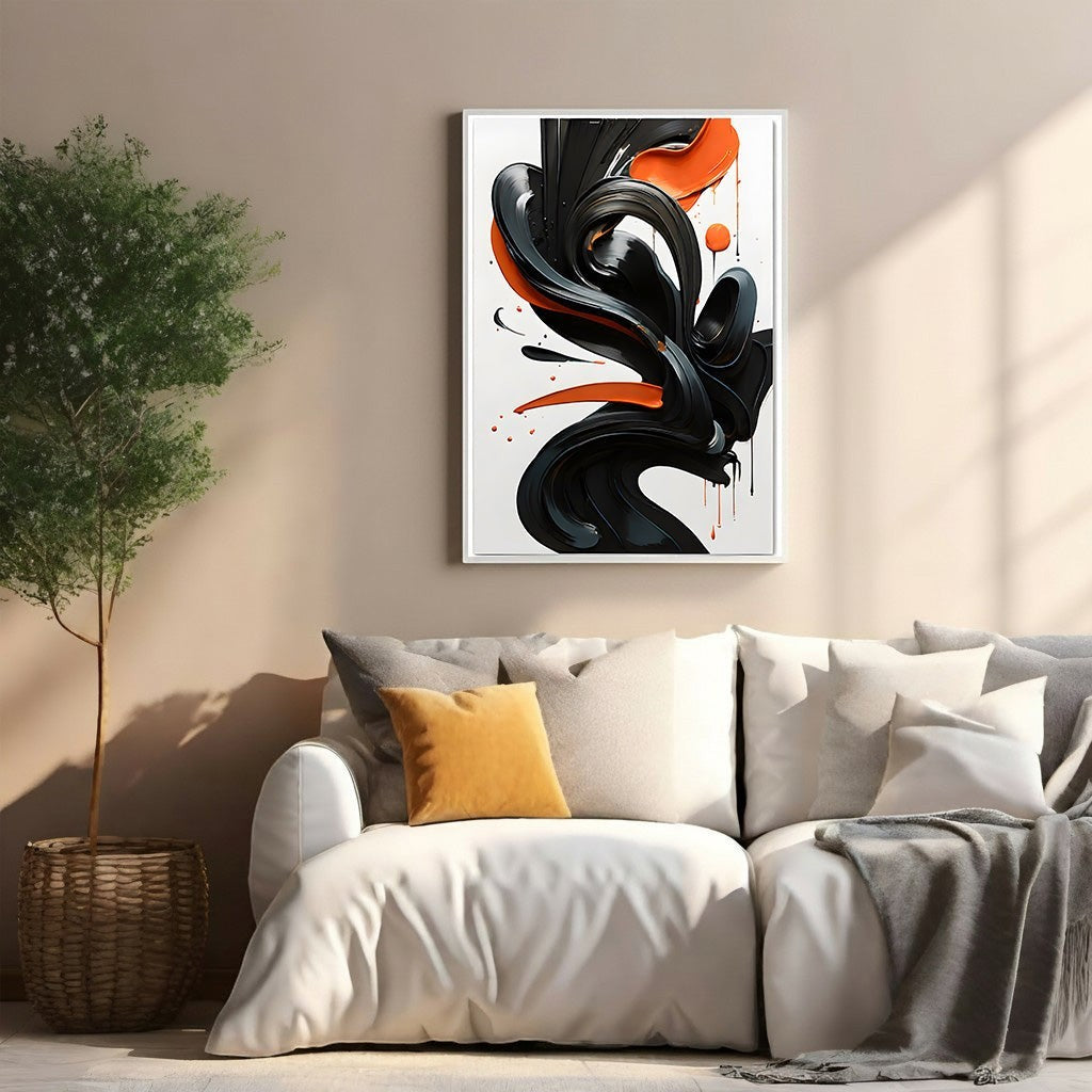 Wadi Home abstract wall art with glossy black swirls and orange accents on a white background, framed.