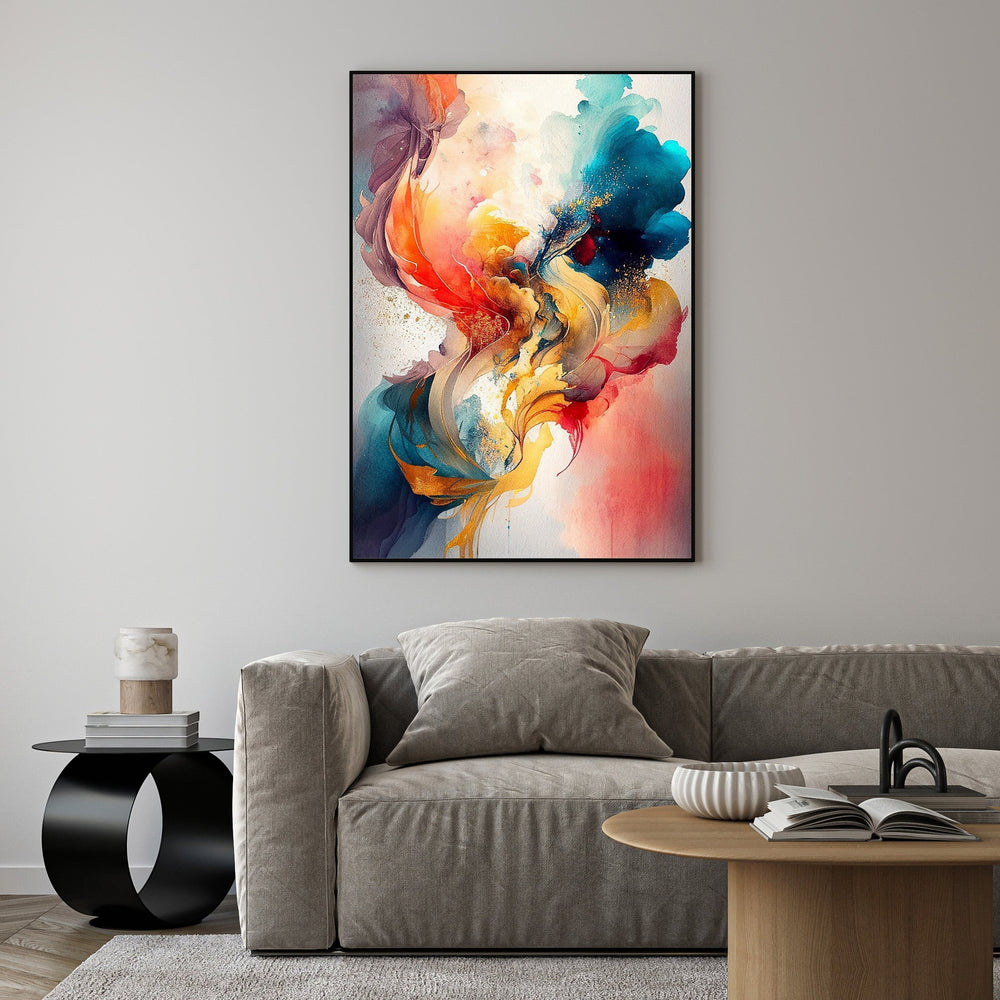 Wadi Home abstract canvas wall art with vibrant swirls of red, blue, orange, and gold flecks.