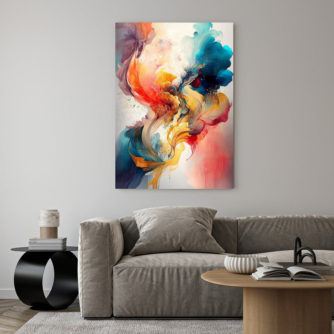 Wadi Home abstract canvas wall art with vibrant swirls of red, blue, orange, and gold flecks.