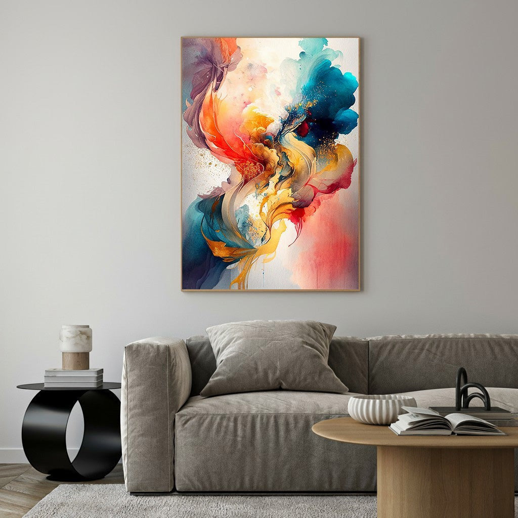 Wadi Home abstract canvas wall art with vibrant swirls of red, blue, orange, and gold flecks.