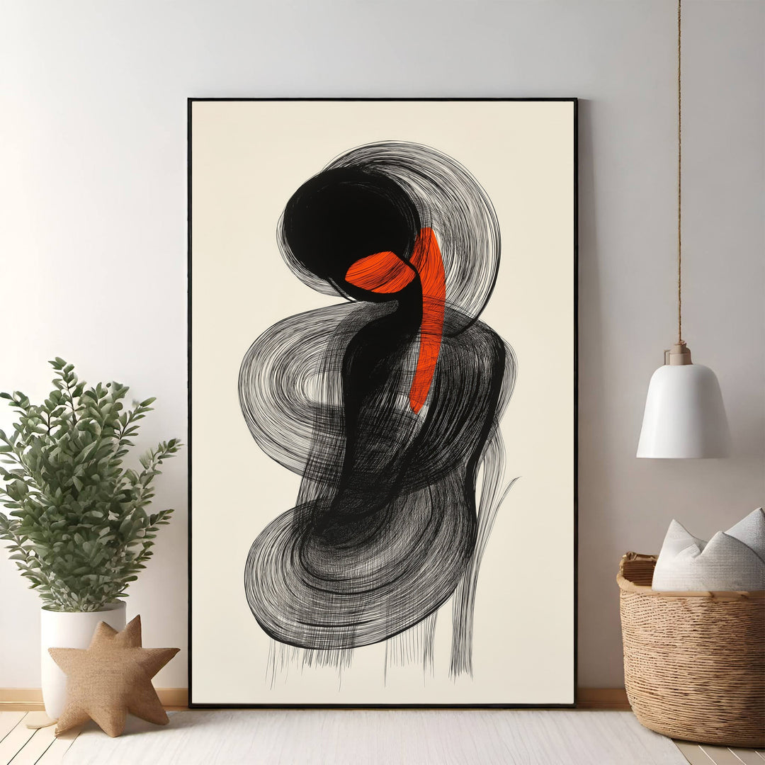 Wadi Home abstract wall art with black brushstrokes and an orange accent on a cream background.