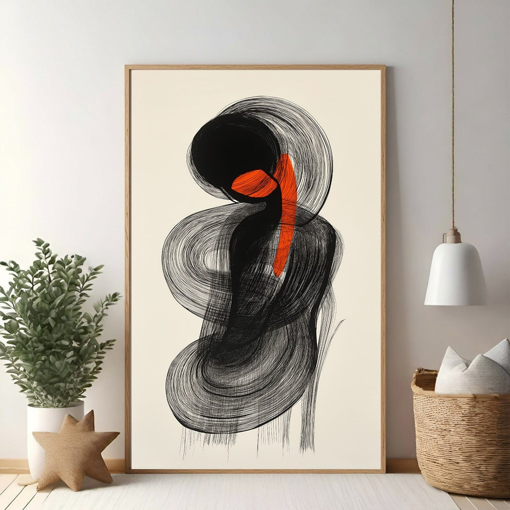 Wadi Home abstract wall art with black brushstrokes and an orange accent on a cream background, framed in light wood.