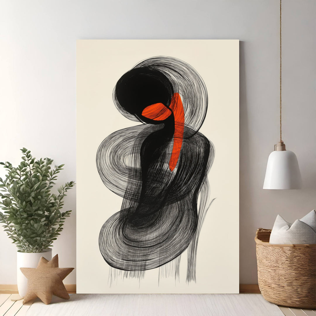 Wadi Home abstract wall art with black brushstrokes and an orange accent on a cream background.