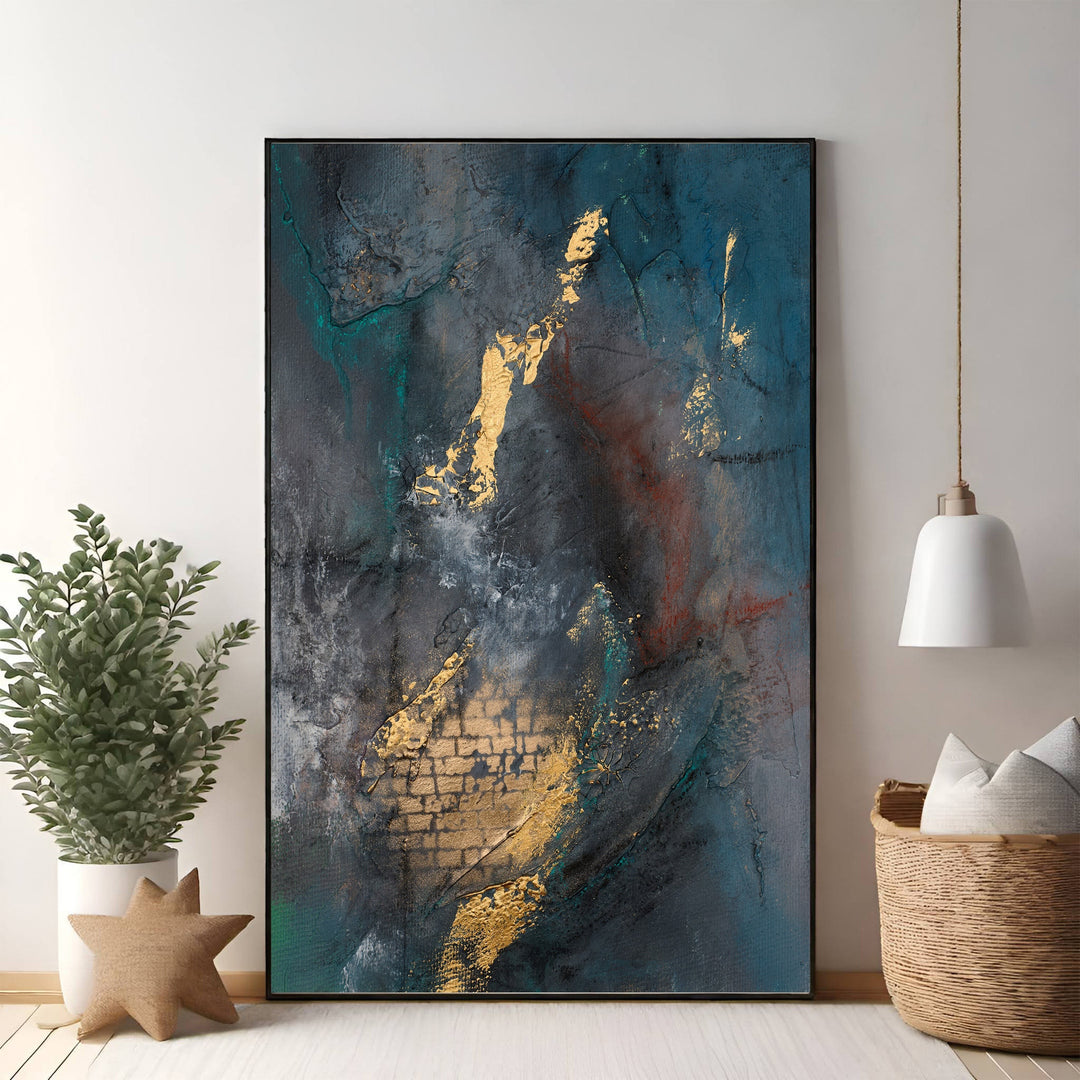 Wadi Home abstract textured canvas wall art with deep blues, grays, and gold accents. Modern sophistication for any room.